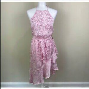Express pink white dot hi lo ruffle halter dress